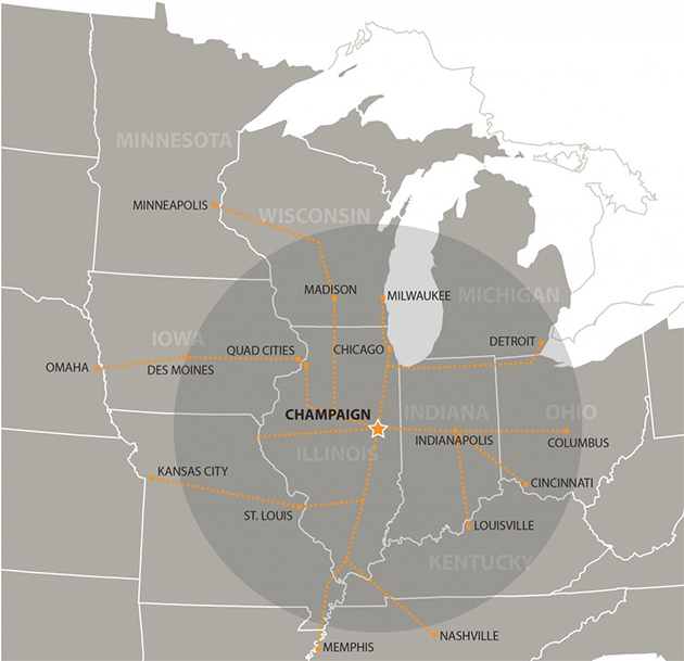 Map of Midwest feature Champaign Urbana and it's nearby cities